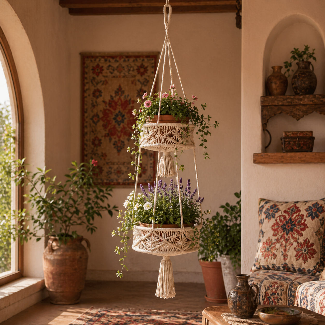 2 Tier Macrame Hanging Basket For Garden & Balcony Decoration